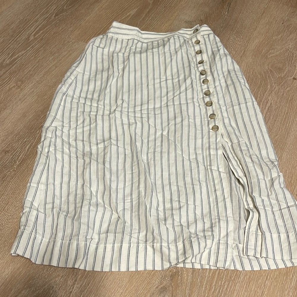 Madewell gray & cream linen blend striped button detail midi skirt size 2 B8
